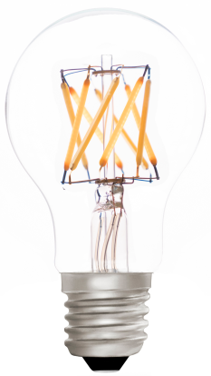 LED light bulb with visible filaments on a white background