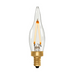 Clear LED candle light bulb with gold base on a white background