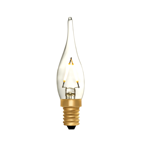 Clear candle light bulb with gold base on a white background