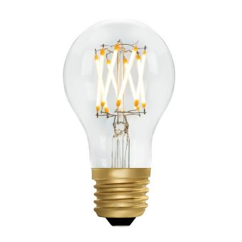 Clear light bulb with gold base on a white background
