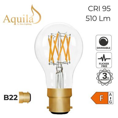 Aquila LED light bulb with clear glass and gold base on a white background