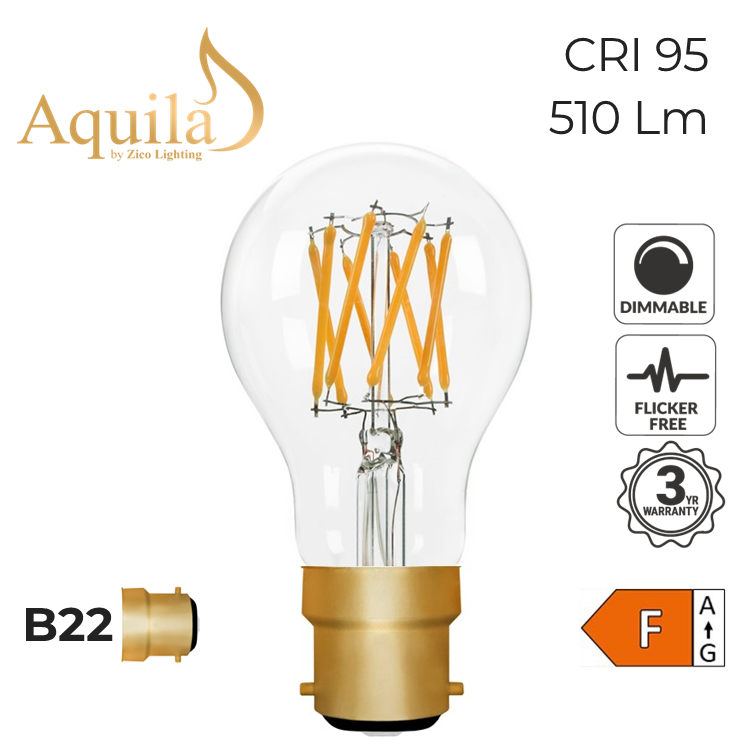 Aquila LED light bulb with clear glass and gold base on a white background