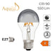 Silver mirrored light bulb with specifications on a white background