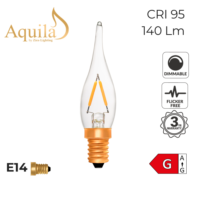 LED candle light bulb with specifications on a white background