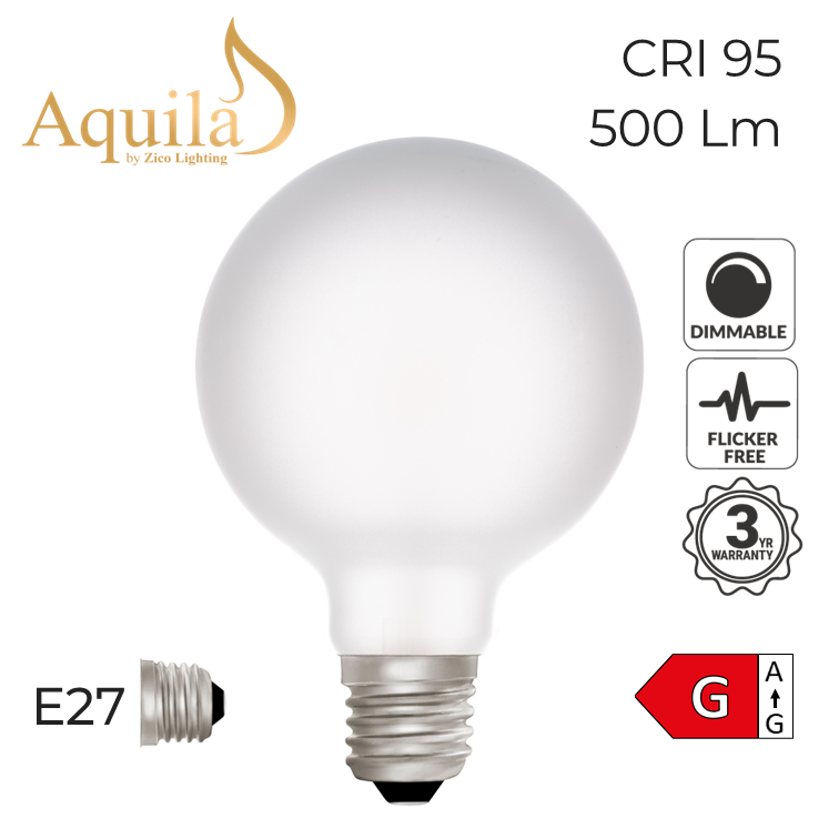 Aquila LED light bulb with specifications on a white background