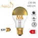 Gold mirrored GLS lamp on white background with technical information